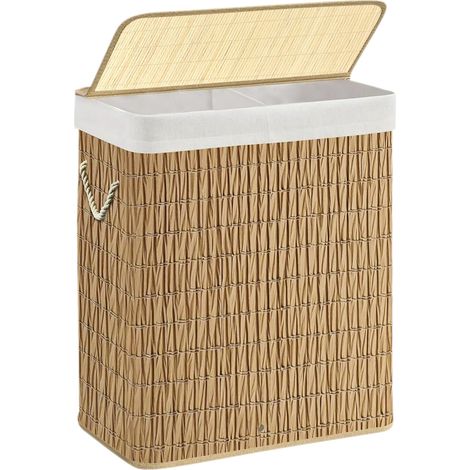 Panier à linge en rotin de 90 l, à 2 compartiments, avec couvercle et sac à linge amovible, solide, pliable, pour salle de bain, chambre à coucher et buanderie, 46 x 33 x 60 cm (1/5)