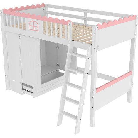 Cama alta 90×200 cm, Cama Individual con LED, Armario y Cajón de Almacenaje, sin Colchón, Blanco (1/5)