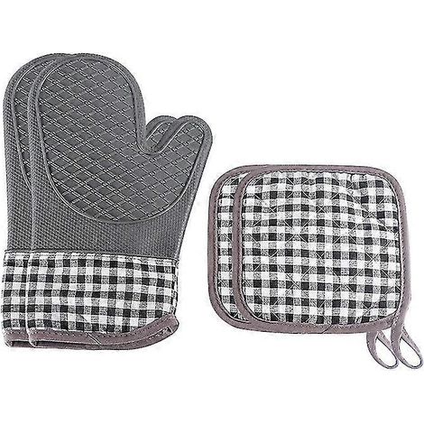 Gants isolants en silicone pour micro-ondes et 2 coussins isolants carrés (gris) - 2 pièces (1/3)