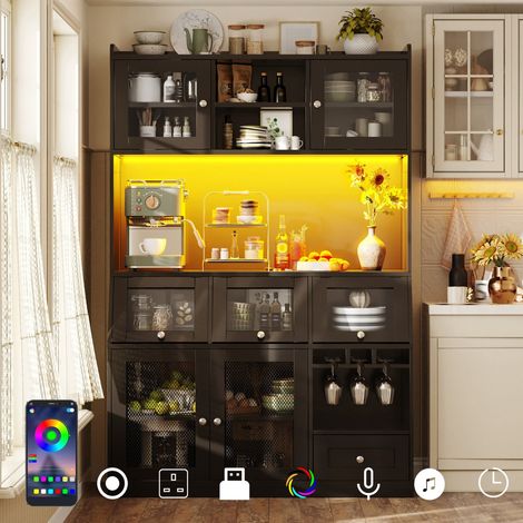 Buffet haut de cuisine noir 120×40×181,7 cm avec portes vitrées, éclairage LED, port USB et grand plan de travail multifonctionnel (1/5)