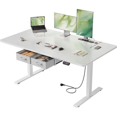 ECOFURNIX, Escritorio Eléctrico de Pie y Sentado, 120 x 80 cm, con Toma de Corriente Integrada, 2 Cajones Extraíbles, Puerto USB-C, Blanco
