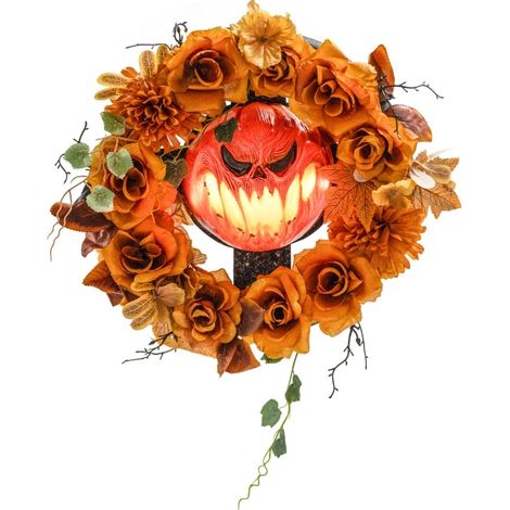Corona di Halloween con zucca, foglie autunnali e luci LED, 44 x 9 x 44 cm (1/5)