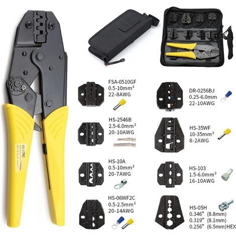 Pince à dénuder Tool de sertissage Kit de pincipe Outils de décapage Pinces à sertir à cliquet pour/tube/isolant/sans isolation/Capuchon de sertissage/bornes(HS03BC 8JAW KIT) (1/5)