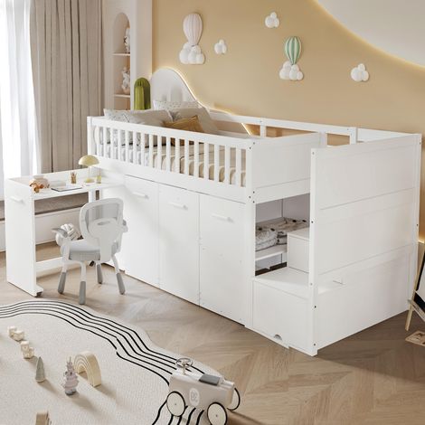 Lit superposé multifonctionnel pour enfant avec barrière de sécurité et protection antichute, bureau/armoire/casiers, 2 casiers dans l'escalier, pin et MDF, blanc, 90 x 200 cm (1/5)