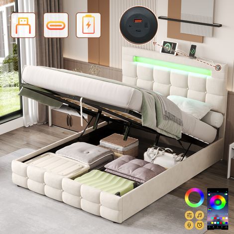 4ft6 Double Upholstered Bed Frame with Hydraulic Storage, Velvet Ottoman Bed with LED Lighting and Charging Station, Double Bed with Adjustable Button Tufted Headboard, Beige (No Mattress)