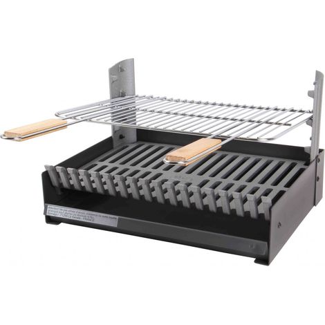 Homemaison – Grilloir fonte 48,5x34 cm – Grille chromée 45x34 cm – Chenêts et cendrier coulissant – Réglable en 3 hauteurs