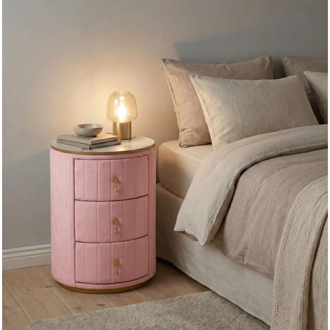 Nachttisch zylindrisch modern aus rosa Samt mit 3 gebogenen Schubladen, Marmoroptik-Platte, goldfarbene Details, 40x40x52,5 cm (1/5)