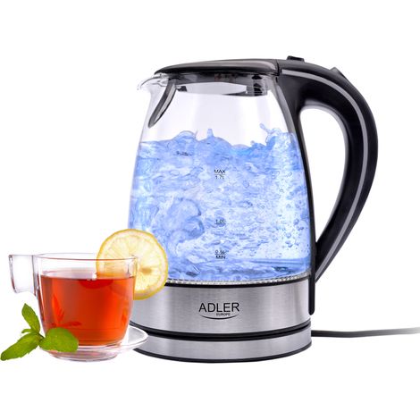 ADLER AD-1225 Hervidor de agua eléctrico cristal 1,7 litros, recipiente sin BPA, retro-iluminado, resistencia oculta, 2200 W con apagado automático al alcanzar la ebullición, inalámbrico 360º sin cabl (1/5)
