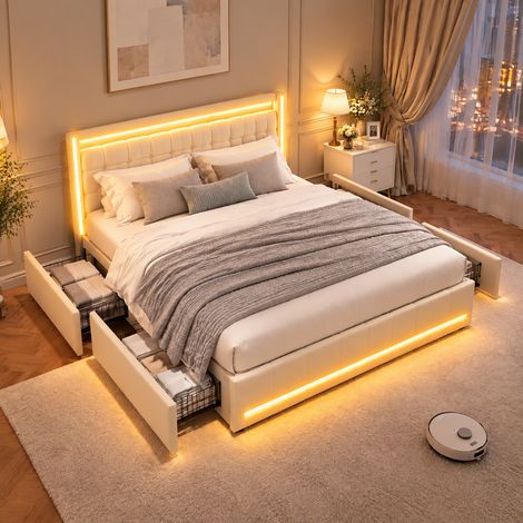 lit 180 x 200 cm avec sommier, lit double rembourré 180 x 200, avec 4 tiroirs,tête de lit capitonné avec LED et USB, style scandinave, lin, beige,