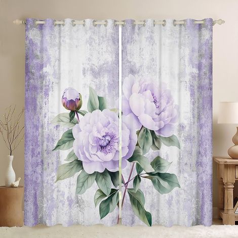Rideau Occultant 140x260 cm Fleurs D'Aquarelle, Rideau Peinture À l'huile Abstraite Peony, Rideaux Voilage Ferme Rustique, Voilage Fenetre Ombre Violet Gris Blanc pour Chambre Salon - 140L X 260H cm ( (1/5)