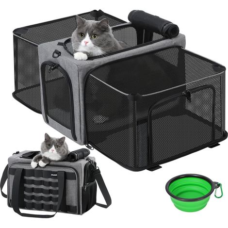 Sac de Transport Chat Extensible, Sac Transport Chat Respirant et Pliable, Sac de Transport pour Chat Caisse de Transport Chat pour Voyage en Avion Train vec et Bandoulière Réglable + Bol,Gris (1/5)