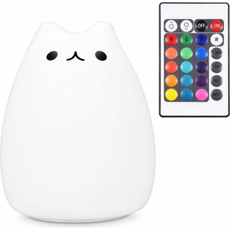 LED Night Light Cat Design - Remote Control Micro USB Cable - Pretty RGB Color Changing Kids Bedside Lamp - Kitten Snooze Light White (1/5)