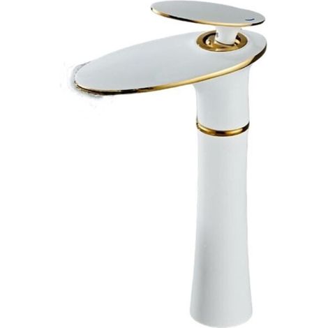 Mitigeur Salle de Bain Cascade Mitigeur Lavabo Blanc et Or Mitigeur Salle de Bain en Laiton Monocommande, Haut (1/4)