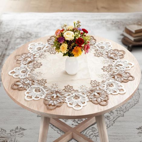 Runde Tischdecke 50cm abwaschbar mit Spitzenmuster und Quasten