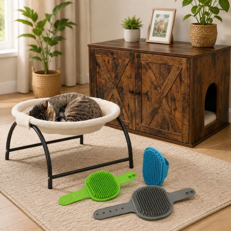 Set Cat Comfort (3 pezzi) – Spazzole per la toelettatura, cassetta igienica con apertura laterale e lettino a amaca (1/5)