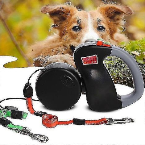 Laisse double rétractable pour chiens, verrouillable et extensible à 360°, anti-nœuds, pour deux chiens. (1/4)