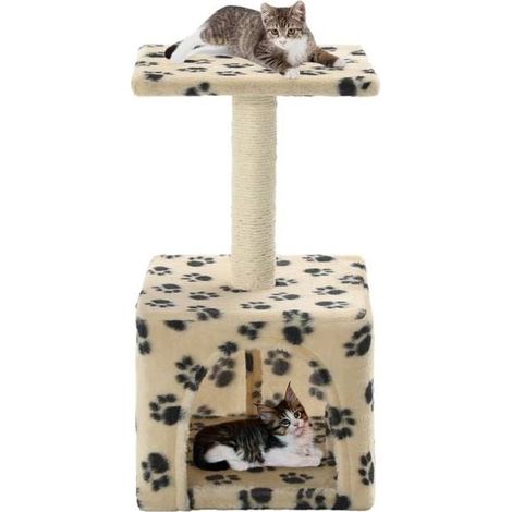 Arbre à chat avec poteaux à griffer en sisal, 55 cm de long, beige, motif empreintes de pattes. (1/5)