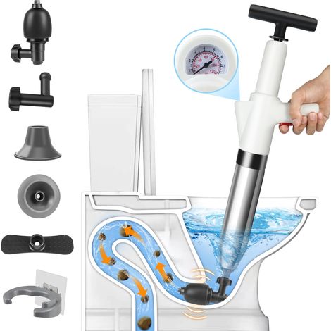 Deboucheur WC 5-en-1 à Haute Pression avec Baromètre – Déboucheur Canalisation avec 4 Ventouses, Gants et Crochet, pour Toilette, Lavabo, Baignoire, Sol – Blanc (1/5)