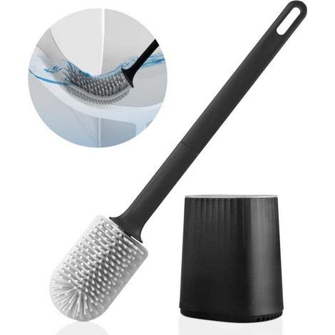 Toilettenbürste, Silikon-Toilettenbürste mit 3-in-1-Multifunktionskopf und schnelltrocknendem Halter, Wand-Toilettenbürste für Badezimmer (Schwarz). (1/4)