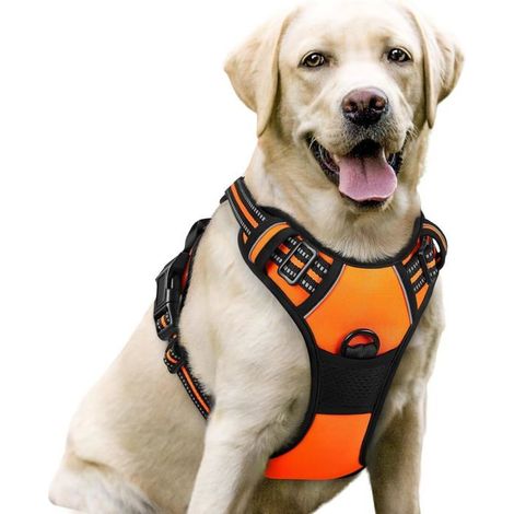 KLVGTIFS PU - Harnais Chien avec 3 Boucles,Facile à Mettre et à Enlever, Harnais Anti Traction pour Chien avec Poignée et Attache Devant,Orange,L (1/5)
