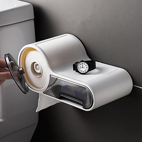 Soporte de papel higiénico de pared sin necesidad de taladrar – Plástico impermeable, diseño moderno y multifuncional para el baño.