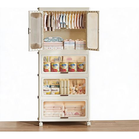 Armoire de rangement enfant portable 4 niveaux avec portes et roulettes – Penderie en plastique avec tringle et 10 cintres – Idéale pour chambre ou salle de jeux – Largeur 70 cm (1/5)