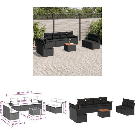 Salon de jardin 9 pcs avec coussins noir résine tressée - Ensemble Salon De Jardin - Meuble Extérieur - Jardin - Mobilier De Jardin - Chaise Lounge - Home & Living (1/3)