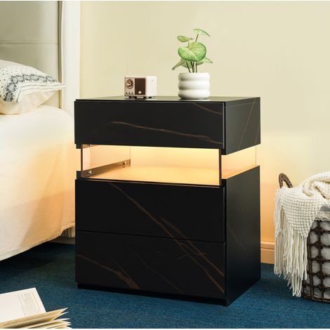 Table de chevet LED à 3 tiroirs avec panneau acrylique, meuble de nuit moderne noir et doré pour chambre, salon et bureau, rangement pratique - CHICFURN (1/5)