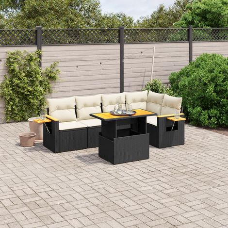 Ensemble salon jardin 6 places résine tressée noir avec table extensible et coussins crème - Meuble terrasse modulaire avec rangement intégré (1/3)