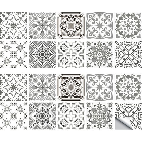 Autocollant Mur - Motif Carrelage Rétro Gris - Imperméable PVC - Pour Cuisine Salle De Bain - 2 Sets (1/5)