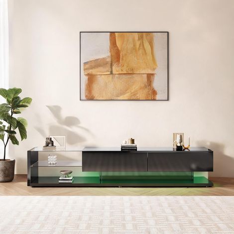 Meuble TV laqué noir LED intégrée avec tiroirs et étagères verre (1/5)