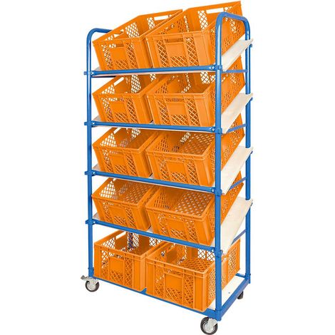 BRB Schrägboden-Regalwagen mit 5 Ebenen, bestückt mit 10 Euroboxen durchbrochen 600x400x240 mm orange