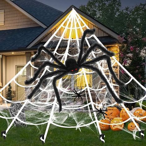 Décoration d'Halloween en toile d'araignée géante d'extérieur 7 x 5,5 m avec une araignée de 200 cm, décoration d'Halloween pour intérieur/extérieur (1/5)