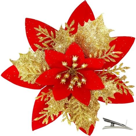 20 Pièces Fleur de Noël pour Sapin avec Clip, Fleurs de Noel Artificielles Glitter, Fleur Poinsettia Noel Sapin (Doré Rouge) (1/5)