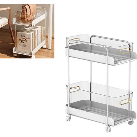 Chariot roulant à 2 niveaux, grande capacité, chariot utilitaire mobile, organisateur de livres et d'aliments pour la cuisine, blanc, étroit (1/5)