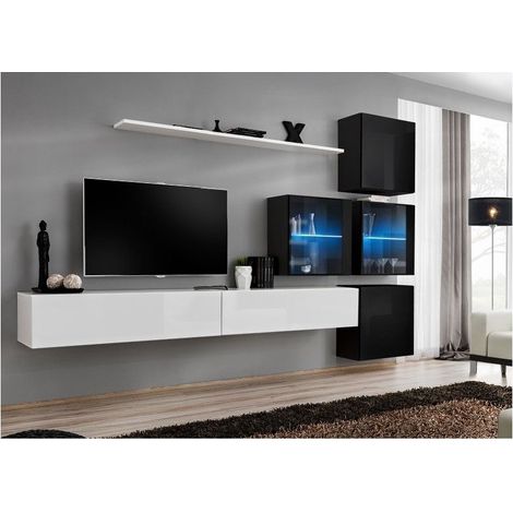 Ensemble meuble TV mural  - Switch XIX - 310 cm x 200 cm x 40 cm - Blanc et noir - Livraison gratuite