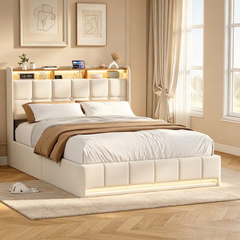 Lit Coffre 140x200cm, Lit Double avec Tête de Lit de Rangement, LED RGB et Station de Charge USB/Type-C, Sommier à Lattes, Système Hydraulique, Lin, Beige