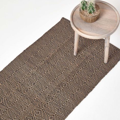 HOMESCAPES Black Geometric Jute Rug, 66 x 200 cm