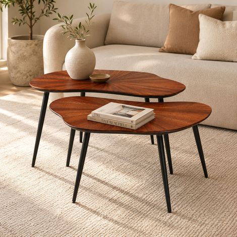 Lot de 2 tables basses gigognes organiques marron - WOODI (1/4)