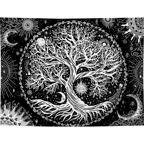 Arbre de vie (180x230cm) Tapisserie Lune et Soleil Noir Tenture (1/4)