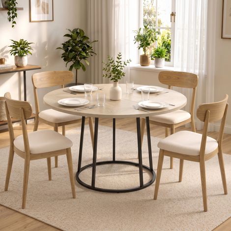 Table Ronde en Bois Massif pour 4-6 Convives, Diamètre 120 cm, Hauteur 75 cm, Table de Salle à Manger avec Pieds Coniques Métalliques, Finition Naturelle (1/5)