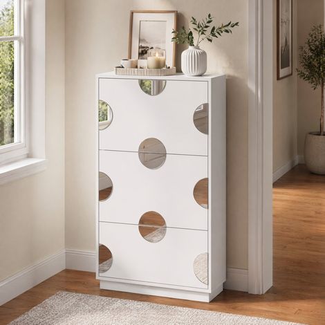 Meuble à chaussures 63x24x120 cm en MDF blanc, gain de place avec miroir pour entrée FloraGrace (1/5)