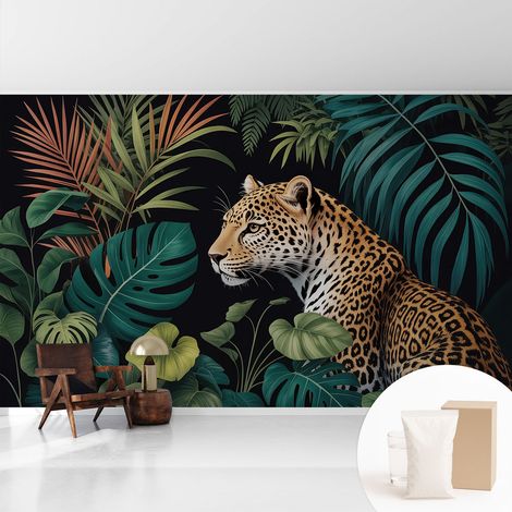 Papier peint intissé pour salon chambre à coucher peint imprimé Installation facile - Colle incluse gratuite Léopard exotique 416x254 cm (1/5)
