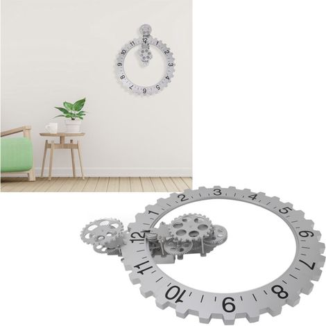 Mechanische 3D-Wanduhr – Drehzifferblatt aus Edelstahl 304 – Große Art-déco-Uhr mit beweglichen Zahnrädern, Silber