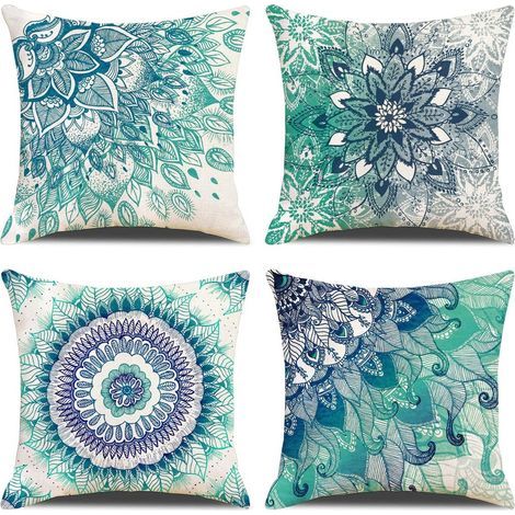 Fundas de cojín, juego de 4 fundas de almohada decorativas de algodón para sofá, dormitorio y hogar, 45 x 45 cm (Mandala azul) (1/5)