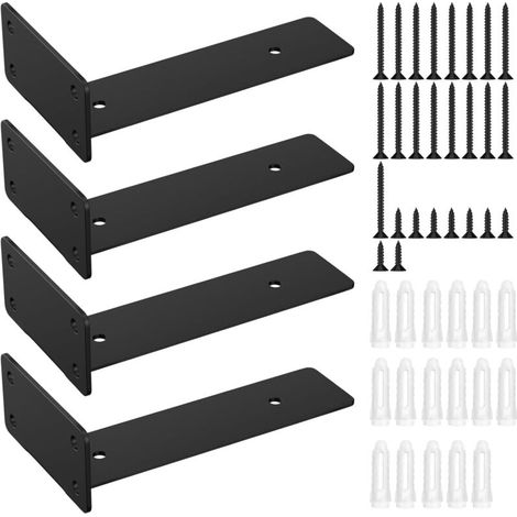 Lot de 4 Equerre Etagere Murale. Équerre Étagère de Fixation en Forme de L. Support d'Étagère Flottants Invisible. Equerre Charge Lourde Noir. Supports Industrielle en Métal avec Vis (1/5)