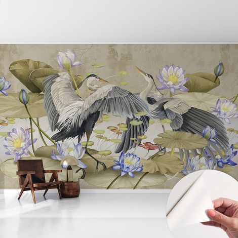 Fototapete Selbstklebend - Büro Wandgestaltung - Wanddekoration Wohnzimmer Vögel und Lilien 416x254 cm (1/5)