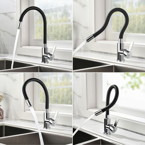 Mitigeur Évier avec Bec Flexible, Robinet de Cuisine, Cuisine Mitigeur Flexible Rotative à 360°, Eau Chaude et Froide,Chrome, Noir (1/4)