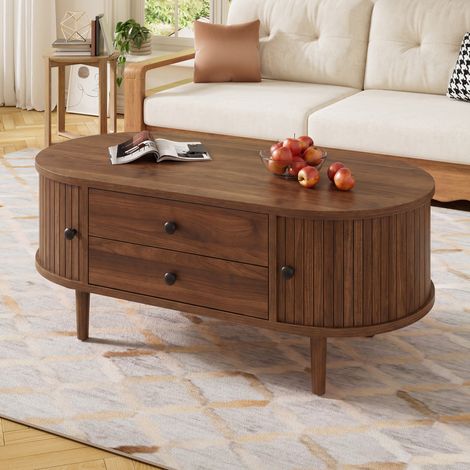 Mesa de centro ovalada retro moderna en MDF color nogal con 2 cajones y puertas correderas (1/5)