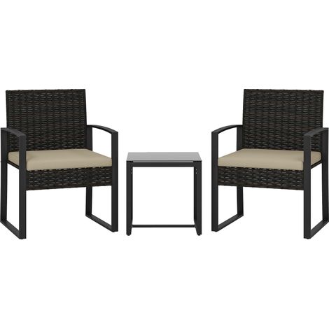Salon de jardin extérieur en résine tressée 2 personnes, table de jardin avec 2 chaises, plateau en verre trempé, marron